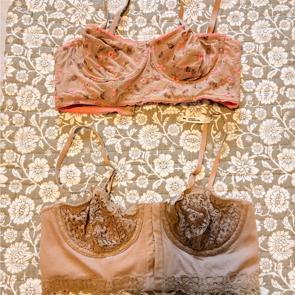 Aerie Floral Lace Bralette Duo - Brown and Pink
